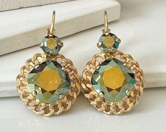 Brilliant Swarovski Iridescent Green Crystals Set in Beautiful Chain Detailed Setting on Gold Lever Back Earrings