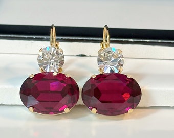 Dark Fuchsia Crystal Gold Drop Earrings with Lever Backs, Clear Crystal and Fuchsia Gold Earrings, Pink & Gold Crystal Dangle Earrings