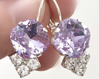 Violet Swarovski Crystals with Three Brilliant Clear Crystals on Silver Lever Back Earrings