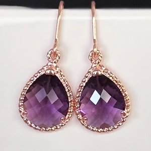 Amethyst Rose Gold Drop Earrings, Amethyst Crystal Teardrop Earrings, Purple and Rose Gold Dangle Earrings, Gift for Her