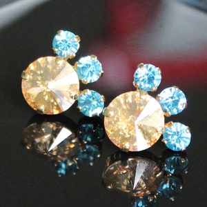 Golden Shadow Crystal Post earrings, Golden Crystal Earrings with Aquamarine Accent Stud Earrings,  Multi Crystal Gold Stud Earrings