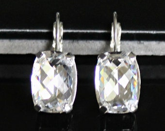 Vibrant Clear Swarovski Cushion Cut Crystals Set in Silver Bezels, Silver Lever Back Earrings
