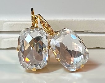 Gold-Kristall-Ohrringe, Swarovski-Kristall-Gold-Ohrringe, Achteck-Kristall-Ohrringe, glitzernde Ohrringe, Kristall-Ohrringe
