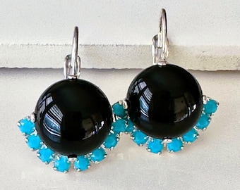 Black Onyx Gemstones with Turquoise Halo Crystals on Silver Lever Back Earrings