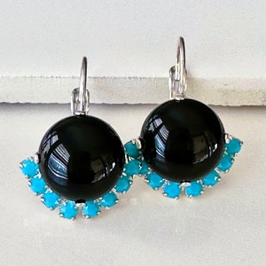Onyx Half Halo Silver Earrings, Black Onyx Gemstones with Turquoise Halo Crystals on Silver Lever Back Earrings