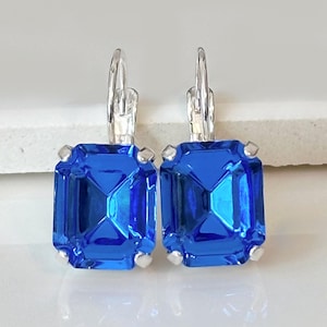 Sapphire Blue Octagon Crystal and Silver Drop Earrings, Vintage Crystal and Silver Dangle Earrings, Minimalist Siver Dangle Earrings