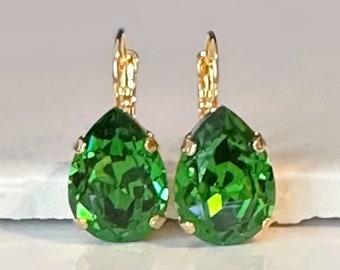 Green Crystal Drop Earrings, Gold & Crystal Drop Earrings, Green Swarovski Crystal Teardrop Earrings, Crystal Drop Earrings, Bridesmaid Gift