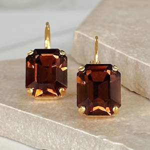 Brown Topaz Crystal Drop Earrings, Vintage Topaz Octagon Crystal and Gold Dangle Earrings, Minimalist Gold Dangle Earrings, Gift for Her