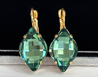 Crystal Drop Earrings, Blue Green Crystal Earrings, Gold Crystal Drop Earrings, Erinite Swarovski Crystal Earrings, Gift For Her