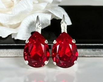 Red Crystal Teardrop Earrings, Crystal Drop Earrings, Siam Red Dangle Earrings, Red Teardrop Silver Earrings, Gift for her, Birthday Gift