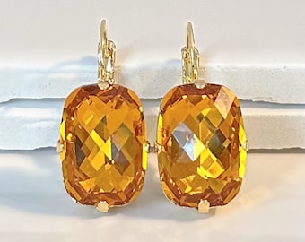 Gold Crystal Drop Earrings, Topaz Swarovski Crystal Gold Earrings, Octagon Crystal Earrings, Sparkly Earrings, Crystals Earrings