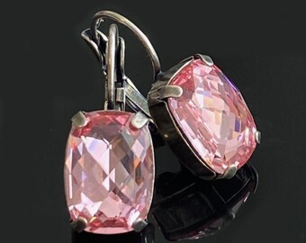 Vibrant Rose Swarovski Cushion Cut Crystals Set in Antique Silver Bezels, Antique Silver Lever Back Earrings