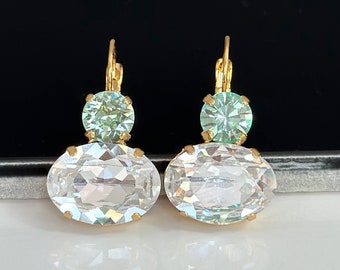 Clear Swarovski Crystal Ovals with Light Green Crystals on Top, Dangle Lever Back Earrings in Gold, Crystal Drop Earrings in Gold