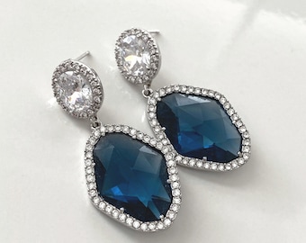 Gorgeous Sapphire Blue Crystals Framed with Cubic Zirconia Dangling From a Clear Crystal Post Earring