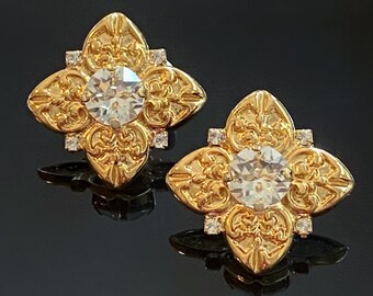 Golden Spade Swarovski Crystal Earrings, Gold Stud Earrings