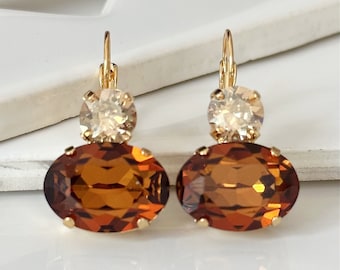 Smoked Topaz Ovals With Golden Shadow Crystals on Top, Dangle Lever Back Earrings in Gold