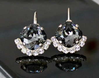 Silver Night Swarovski Crystals Partially Framed with Halo Crystals on Silver Leverback Earrings