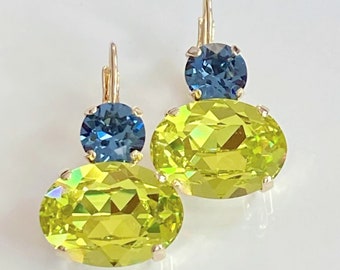 Citrus Green and Sapphire Blue Crystals Set in Gold Lever Back Earrings, Dangle Lever Back Earrings in Gold, Crystal and Gold Drop Earrings