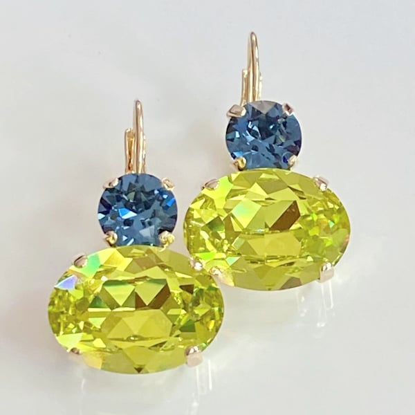 Citrus Green and Sapphire Blue Crystals Set in Gold Lever Back Earrings, Dangle Lever Back Earrings in Gold, Crystal and Gold Drop Earrings