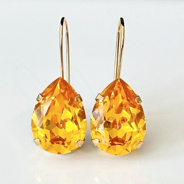 Golden Yellow Swarovski Crystal Teardrops in Gold Bezels on Lever Back Earrings