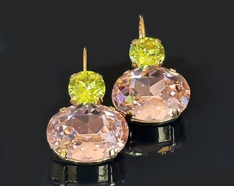 Vintage Rose Crystal Ovals with Round Citrus Green Crystals on Top, Dangle Lever Back Earrings in Gold