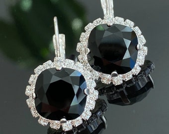 Jet Black Swarovski Crystals Framed with Halo Crystals on Silver Earrings