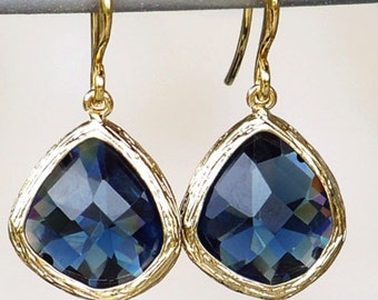 Navy Blue Crystals Framed in Gold on Gold French Earrings