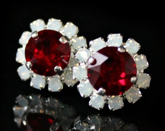 Red Swarovski Crystals Framed with Opal Halo Crystals on Silver Post Earrings