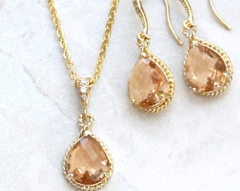 Beautiful Blush, Light Peach Crystal Teardrops Framed on French Jeweled Earrings with Matching Pendant Necklace