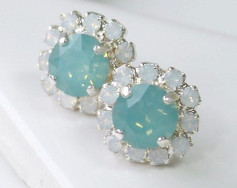 Pacific Opal Swarovski Crystals Framed with Opal Halo Crystals on Silver Post Earrings