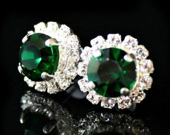 Emerald Green Swarovski Crystals Framed with Clear Halo Crystals on Silver Post Earrings