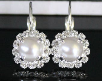 Beautiful Pearls Framed with Clear Halo Crystals on Silver Lever Back Earrings, Crystal Halo Dangles