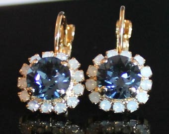 Beautiful Sapphire Blue Crystal Framed with White Opal Halo Crystals on 14k Gold Lever Back Earrings, Crystal Halo Dangles
