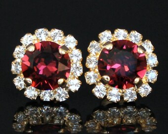 Burgundy Swarovski Crystals Framed with Clear Halo Crystals on Gold Post Earrings, Gold Halo Stud Earrings