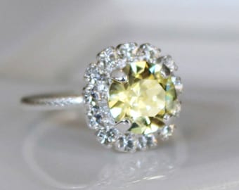 Pale Yellow, Jonquil Swarovski Crystal Halo Ring in Silver, Adjustable