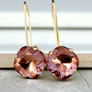 Blush Crystal Drop Earrings, Beautiful Rose Blush Crystals Set in Gold Settings on 14k Gold-Plated Lever Back Earrings, Gift for Her