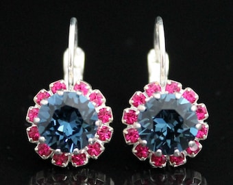 Sapphire Blue Swarovski Crystals Framed with Fuchsia Halo Crystals on Sterling Silver-Plated Lever Back Earrings, Crystal Halo Dangles