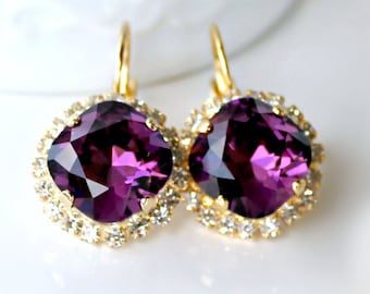 Amethyst Crystal Earrings, Gold Drop Earrings, Gold Halo Earrings, Square Halo Earrings, Gold Bridal Jewelry, Vintage Looking Jewelry