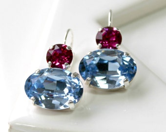 Licht saffierblauw en fuchsia kristallen oorbellen, ovale kristallen oorbellen, blauwe kristallen hangoorbellen in zilver, bruidsoorbellen