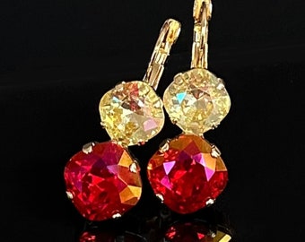 Yellow and Red Crystal Drop Earrings, Swarovski Crystals on Gold Leverback Earrings, Colorful Rhinestone Earrings, Festive Crystal Earrings