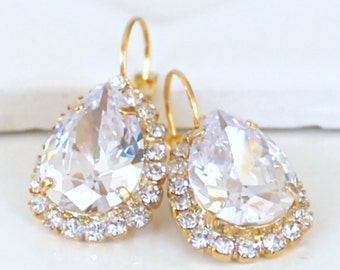 Beautifully Faceted Cubic Zirconia Teardrops Framed with Halo CZs on Gold Lever Back Earrings