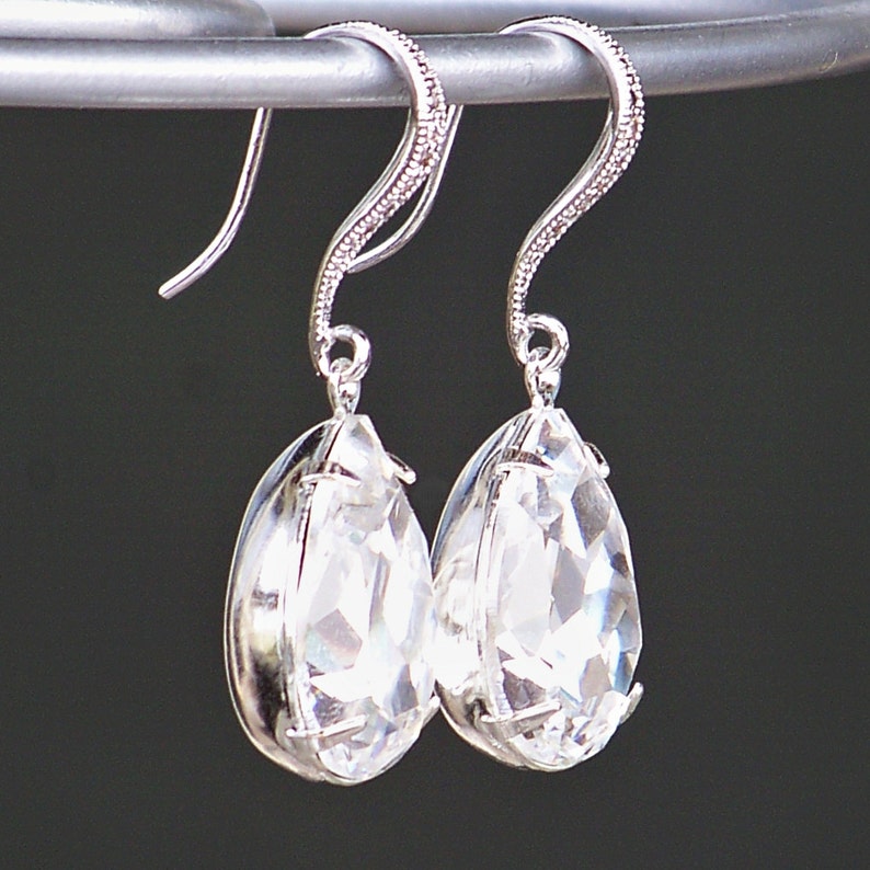 Swarovski Crystal Teardrops Set in Silver or Gold with Crystal Detailed French Earrings image 2