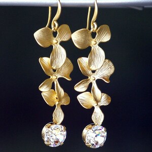 Gold Flowers with Clear Crystal Earrings, Gold Orchid Drop Earrings, Long Dangle Earrings, Gold Floral Earrings, Birthday Gift image 2