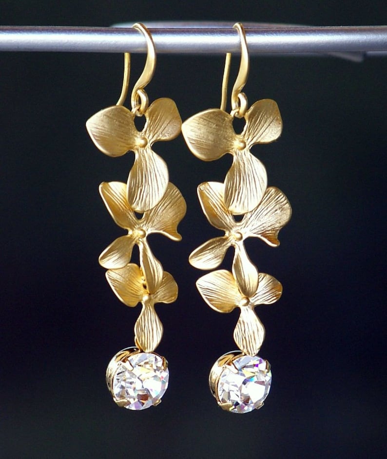 Gold Flowers with Clear Crystal Earrings, Gold Orchid Drop Earrings, Long Dangle Earrings, Gold Floral Earrings, Birthday Gift image 2
