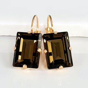 Brown Topaz Swarovski Crystal Drop Earrings, Gold Rectangular Crystal Earrings, Topaz Step Cut Crystal Earrings