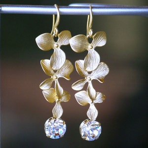 Gold Flowers with Clear Crystal Earrings, Gold Orchid Drop Earrings, Long Dangle Earrings, Gold Floral Earrings, Birthday Gift image 1