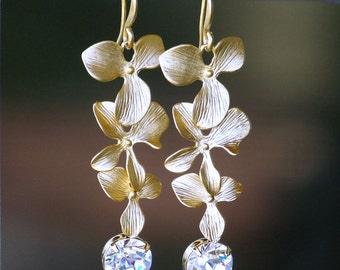 A Trio of Matte Gold Flowers with Swarovski Crystals, Long Dangle Earrings
