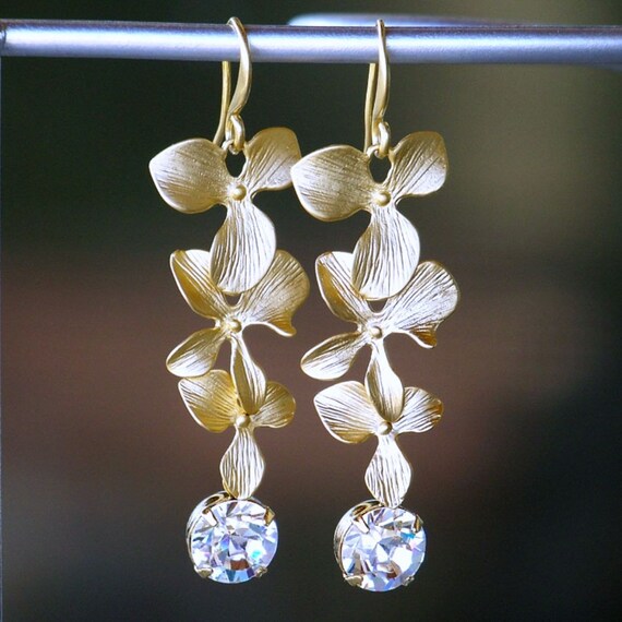 Gold Flowers with Clear Crystal Earrings, Gold Orchid Drop Earrings, Long Dangle Earrings, Gold Floral Earrings, Birthday Gift