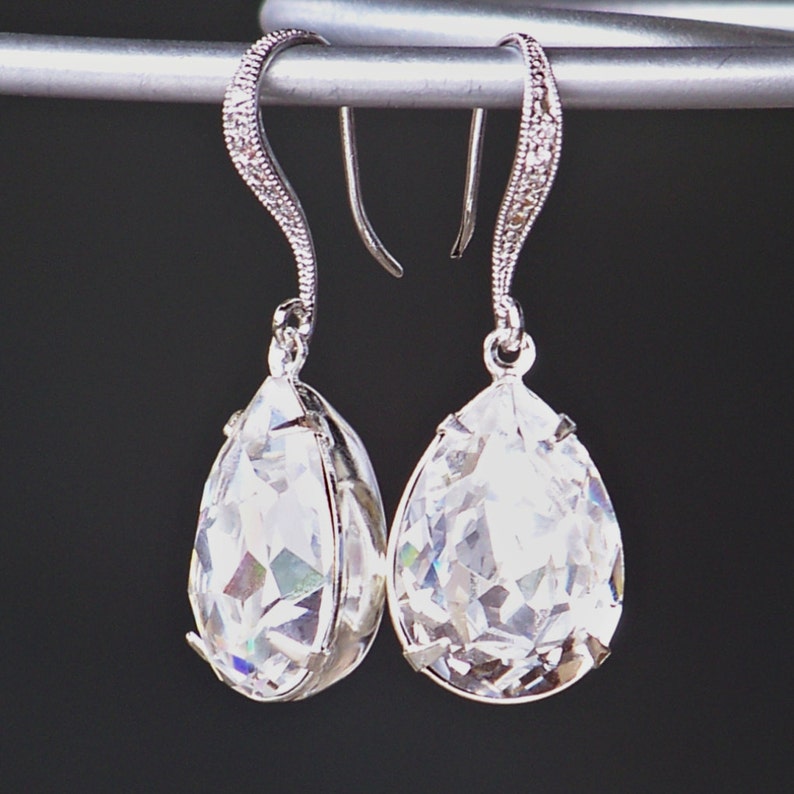 Swarovski Crystal Teardrops Set in Silver or Gold with Crystal Detailed French Earrings image 4