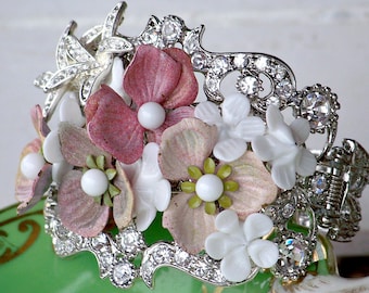 Vintage Flower Crystal Cuff Bracelet, Crystal Bracelet with Vintage White and Pastel Flowers, Bridal Jewelry, Vintage Flower Bracelet,